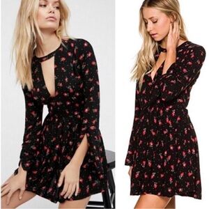 Free people Black Floral Keyhole Long-Sleeve Mini Dress size 8